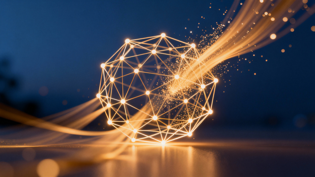 jimeng 2025 12 08 9956 一个抽象概念，一个由发光线条和节点构成的、略显散乱的网络，正在被几束温暖细腻的金...